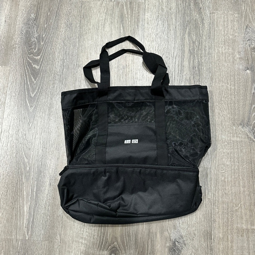Uniqlo Black Mesh Tote Bag with Insulated Bottom Cooler Compartment Zip Snap
